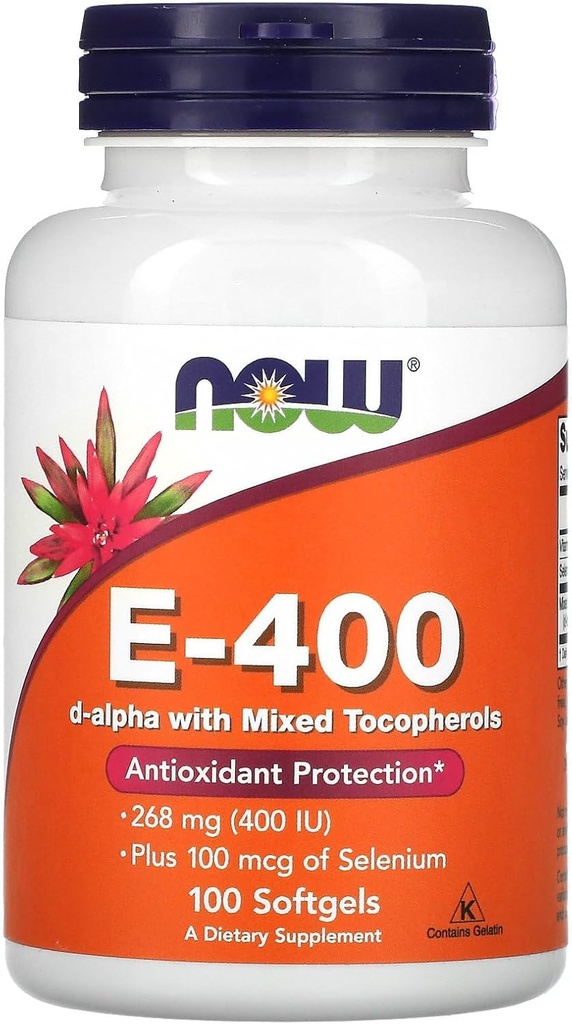 Agora Alimentos E-400 D-Alpha com tocoferóis mistos, 268 mg (400 UI), 100 Softgels
