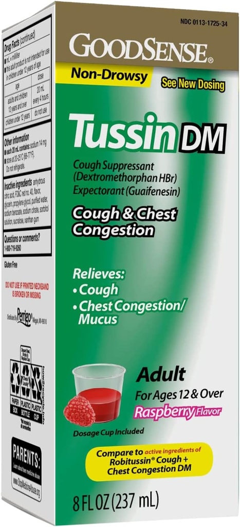 GoodSense Tussin Cough Syrup DM, Framboesa sabor, Alivio eficaz para tosse e congestionamento do peito, Muco Thins, 8 Fl Oz