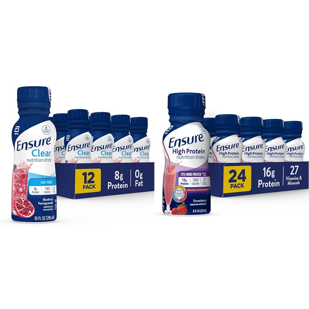 Garanta líquido claro Nutrição Bebida, 0g de gordura, 8g de proteína, Blueberry Romã, 10 Fl Oz (Pacote de 12), Garrafa, sem glúten e garantir alta proteína Morango Nutrição Shake, 24 Pack