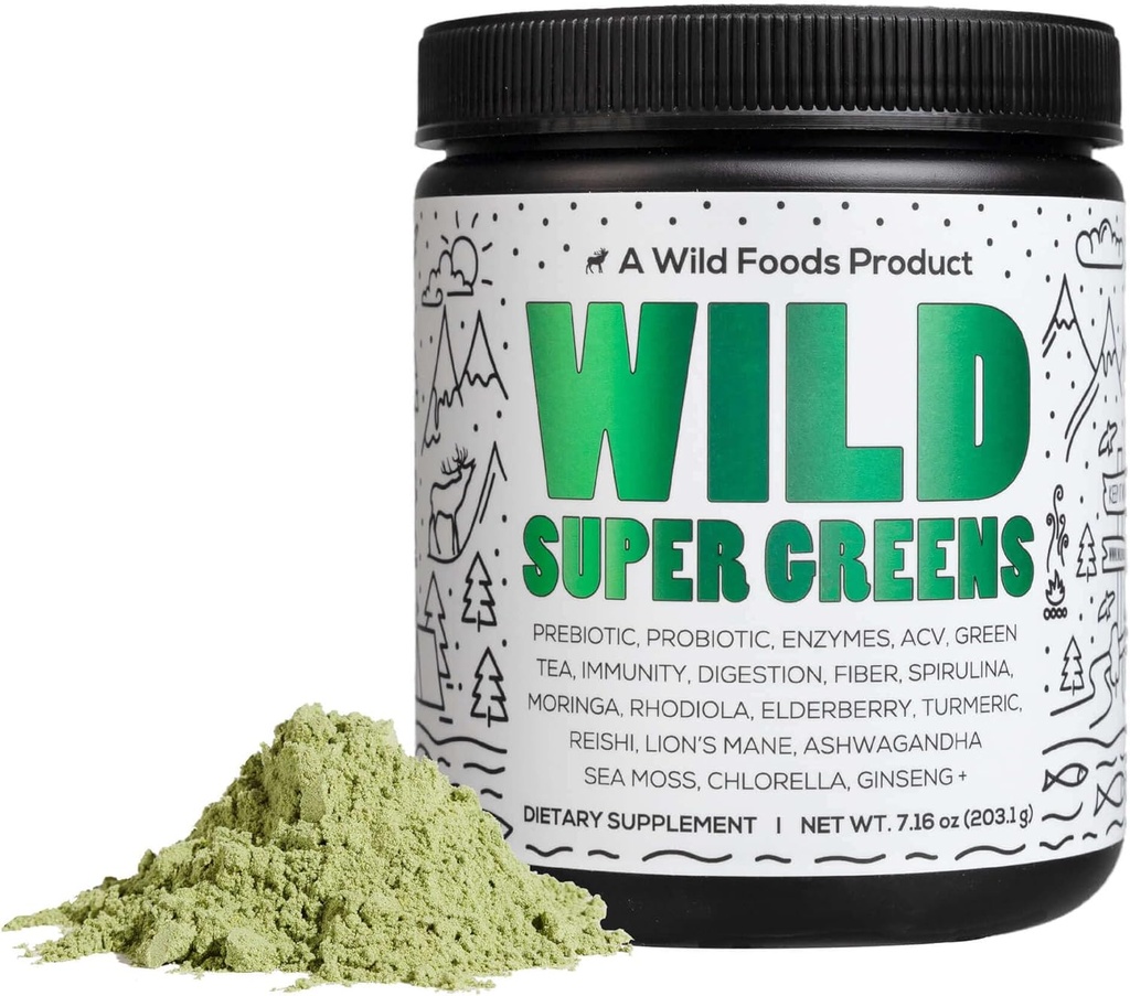 Alimentos Selvagens Super Verdes crus em pó Suco diário Beba com Probióticos e Mistura Digestiva de Enzimas - Alimentos inteiros fonte, 46 Nutrientes com base em plantas, Não-GMO, espirulina, chlorela, Wheatgrass (30 Servings)