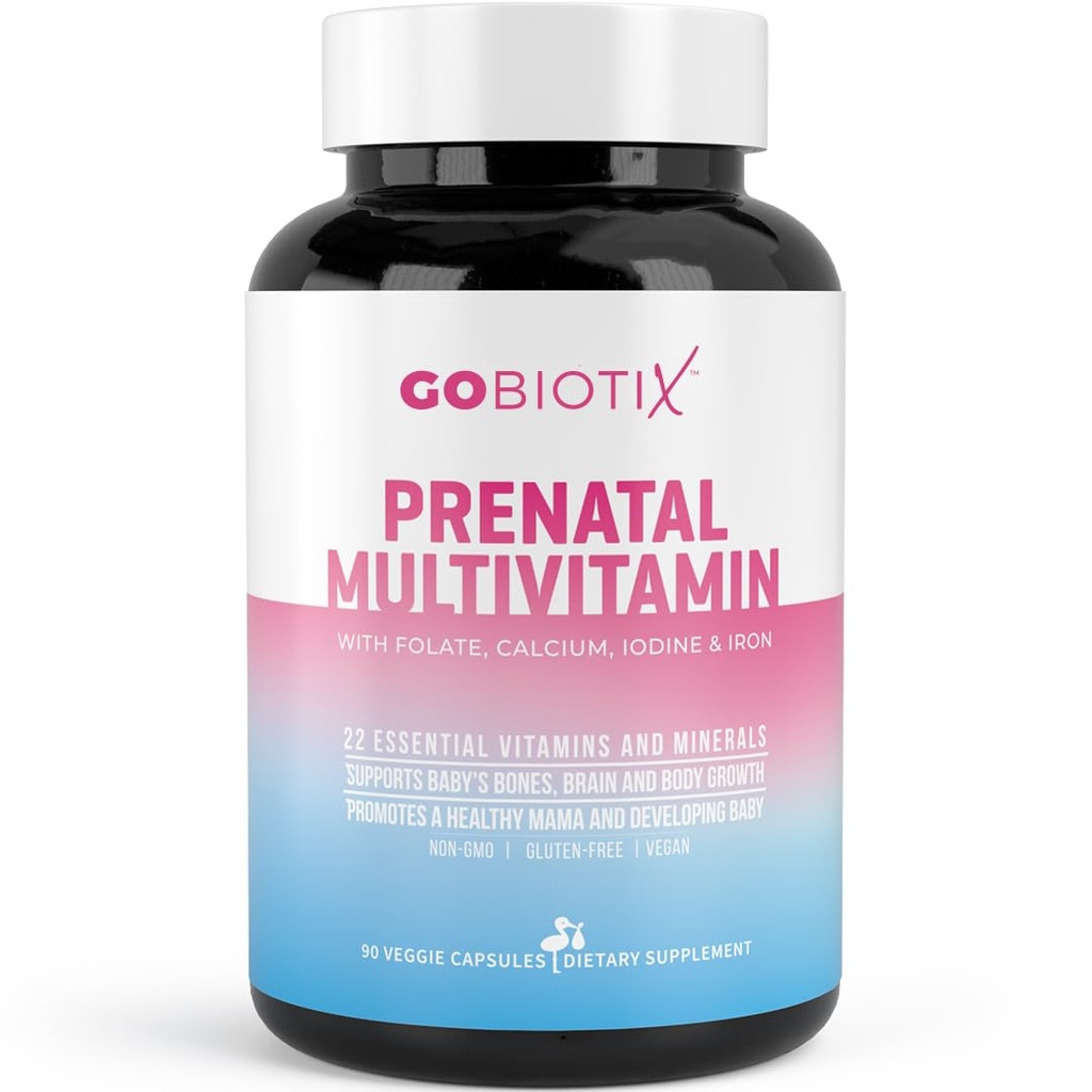 GOBIOTIX Vitaminas Pré-Natais para Mulheres - Multivitaminas com Ferro, Cálcio, Vitamina D2, C, Zinco e Ácido Fólico para Gravidez - Pré e Pós-parto Essenciais - Não-GMO - 90 Cápsulas