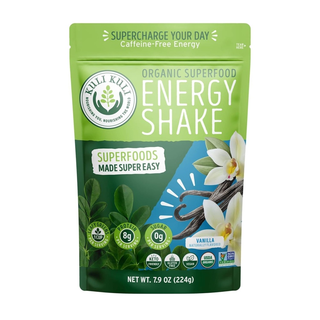 Kuli Kuli Organic Moringa Greens Smoothie Mix - Planta-based Superfood Protein Smoothie Mix, Baunilha, 7.9 Ounce Pouch, Vegan e Gluten-Free com 8g de proteína de ervilha e 1 Cup Greens por servir