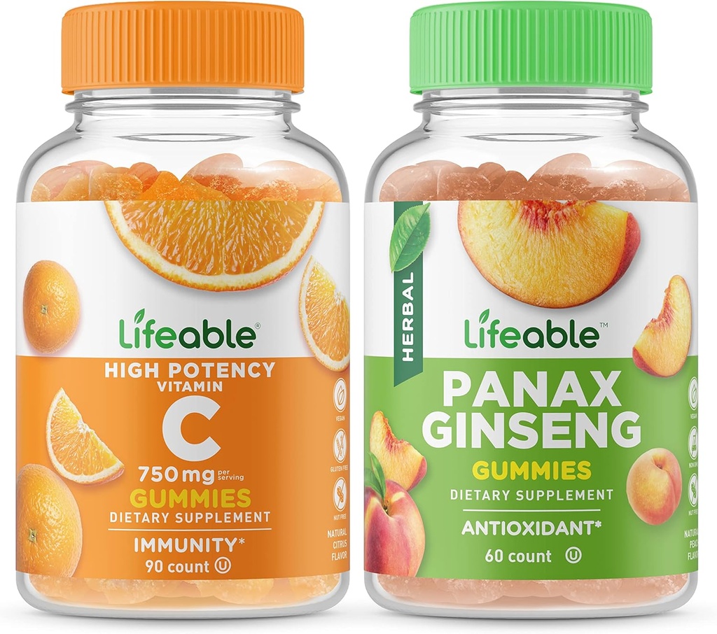 Vitamina C vitalável 750mg + Panax Ginseng, chicletes Bundle - Grande degustação, Suplemento de vitamina, Gluten Free, GMO Free, chiclete mastigável