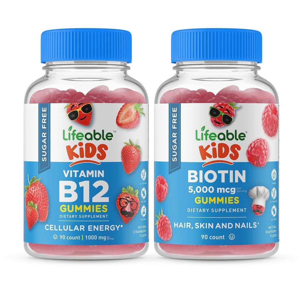 Vitamina B12 livre de açúcar vivo crianças + fibra preciotic crianças, chicletes Bundle - Grande degustação, Suplemento de vitamina, Sem glúten, GMO livre, chiclete mastigável