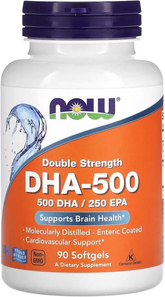 Now Foods Supplements, DHA-500 com 250 EPA, Molecularmente Destilado, Suporta Saúde do Cérebro*, 90 Softgels