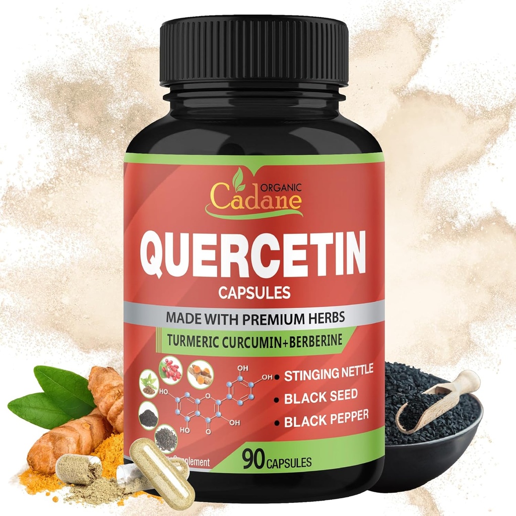 Cápsulas de Extrato Orgânico de Cadane Quercetin, 90 cápsulas, 3 meses de fornecimento de Quercetin, Curcumin Açafrão, Berberine, Nettle, Black Seed Powder, Black Pepper.
