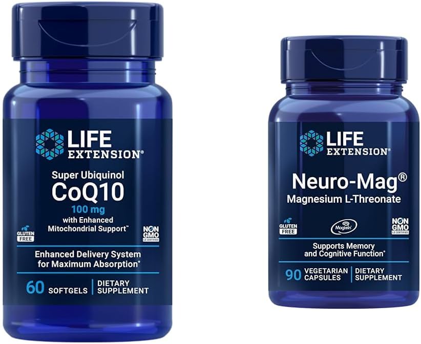 Extensão de vida Super Ubiquinol CoQ10 com suporte mitocondrial melhorado e L-treonato de Magnésio de Magnésio L-treonato de Magnésio