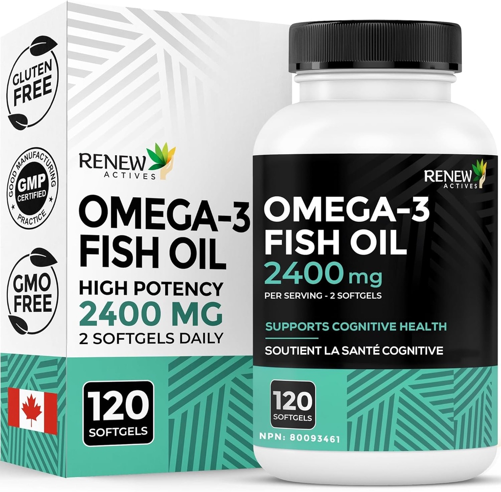 Renove Actives Omega-3 Fish Oil 2400MG por 2 Softgels - 720MG EPA & DHA - Suporta Coração, Cérebro, Saúde dos Olhos e Redução de Triglicerídeos - Sem gosto de peixe - Made in Canada - 120 Softgels