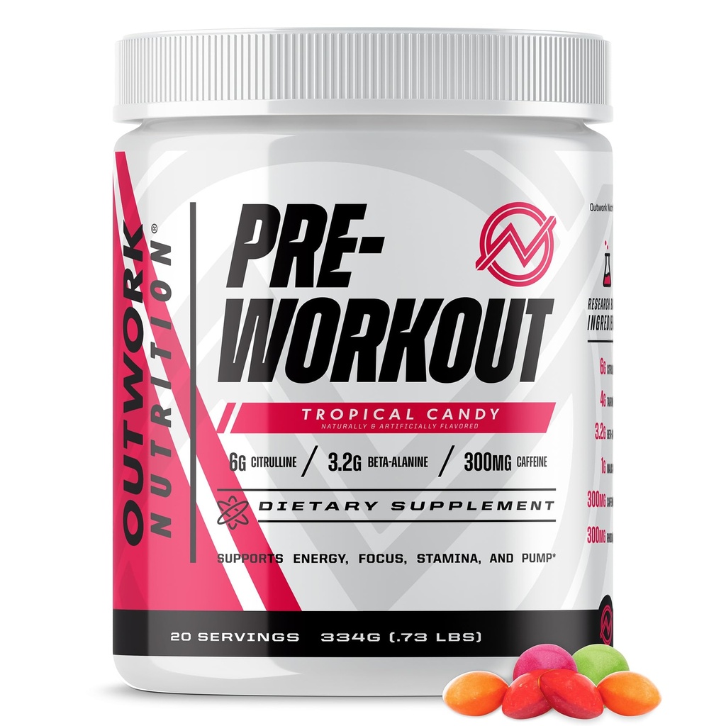 Outwork Nutrition Pré-treino para Homens e Mulheres - Nootropic Pré-treino sem Creatina, Pó pré-treino com Taurine Rhodiola Citrulina Malate Beta Alanine Cafeína (Candy tropical)