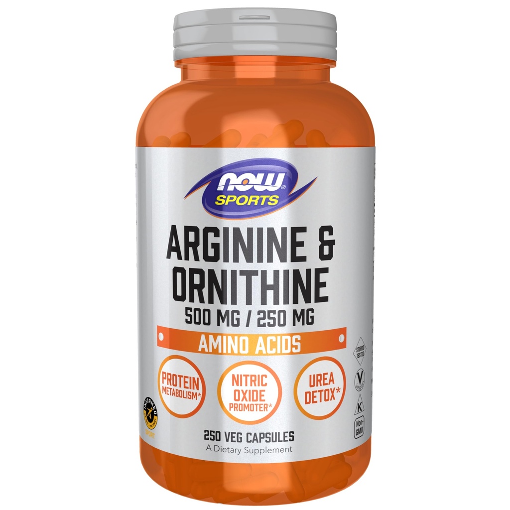 NOW Foods Sports Nutrition, Arginina & Ornitina 500/250 mg, Aminoácidos, 250 Veg Cápsulas