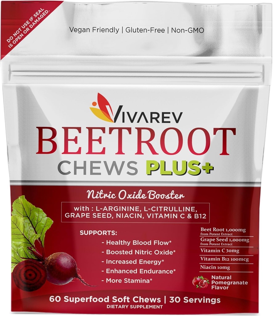 Beterraba Nitric Oxide Supplement - 1000mg Beterraba em pó com L Arginina, L Citrulina, Extrato de semente de uva, Niacina, Vitamina C & B12 - Mastigação de beterraba - Embalagem de 60