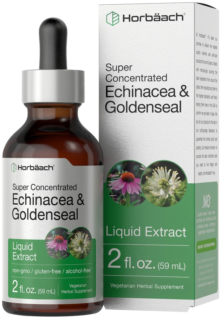 Horbäach Echinacea Goldenseal Liquid Tintura Drops 2 fl oz Extrato Alcoólico Livre de Vegetariano, Não-GMO, Suplemento sem glúten