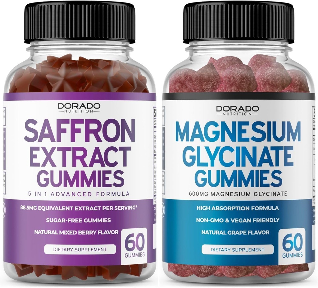 Suplementos de açafrão (60 chicletes) 5 em 1 Advanced Formula Sugar Free Gummy - Delicious Raspberry Flavor and Magnesium Glycinate (60 Conde) Pure Glycinate Gummy for Adults - Non-GMO, Vegan & USA Made