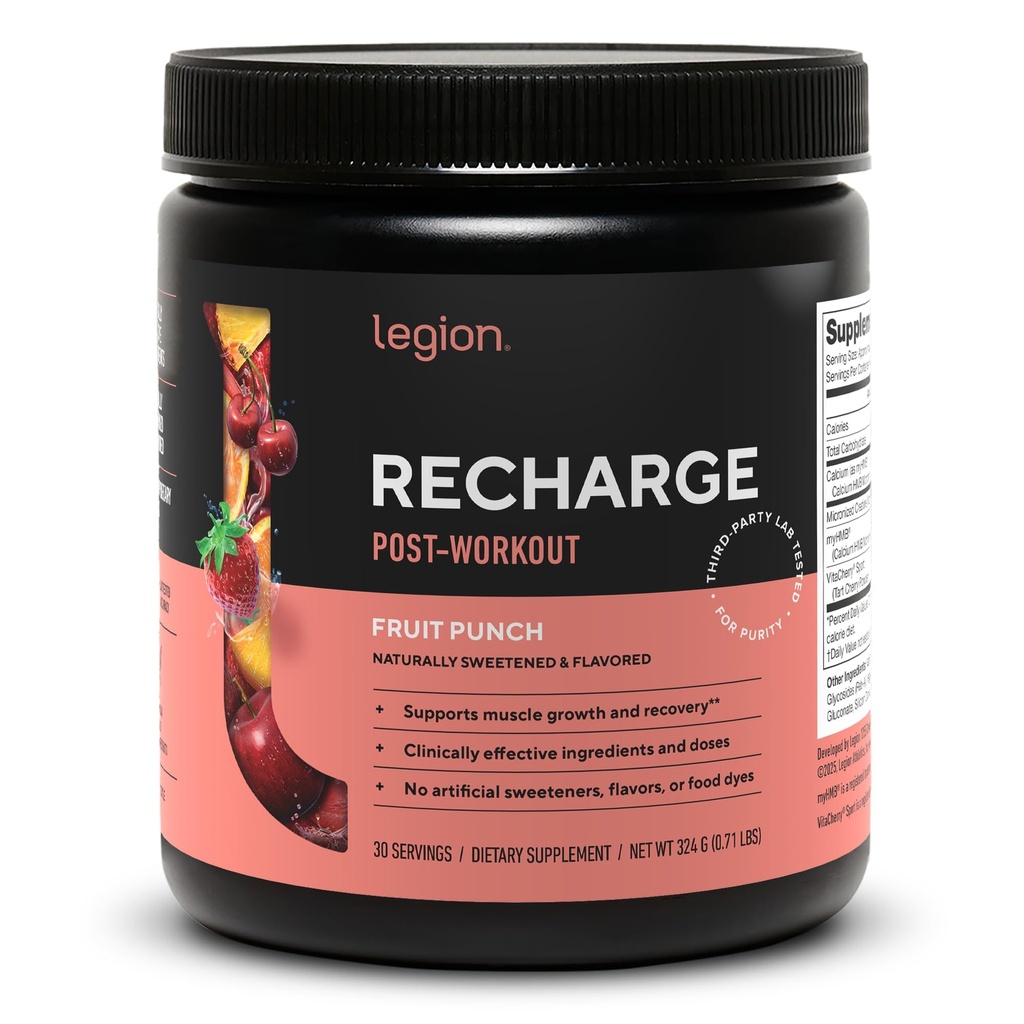 LEGION Recarregue pós Treino Suplemento - Todos Natural Muscle Builder & Recuperação Beba com Creatina Micronizada Monohidrato. Naturalmente adoçado e saborosa, seguro e saudável (Fruit Punch, 30 Servir)