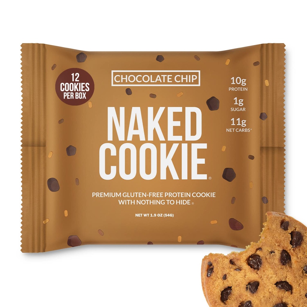 Bolachas de proteína de chip de chocolate nua - Premium Gluten-free alta proteína cookies, Apenas açúcar 1G, Fibra 6G, Sem adoçantes artificiais, Sem soja, Sem Gmos - 12 Pack