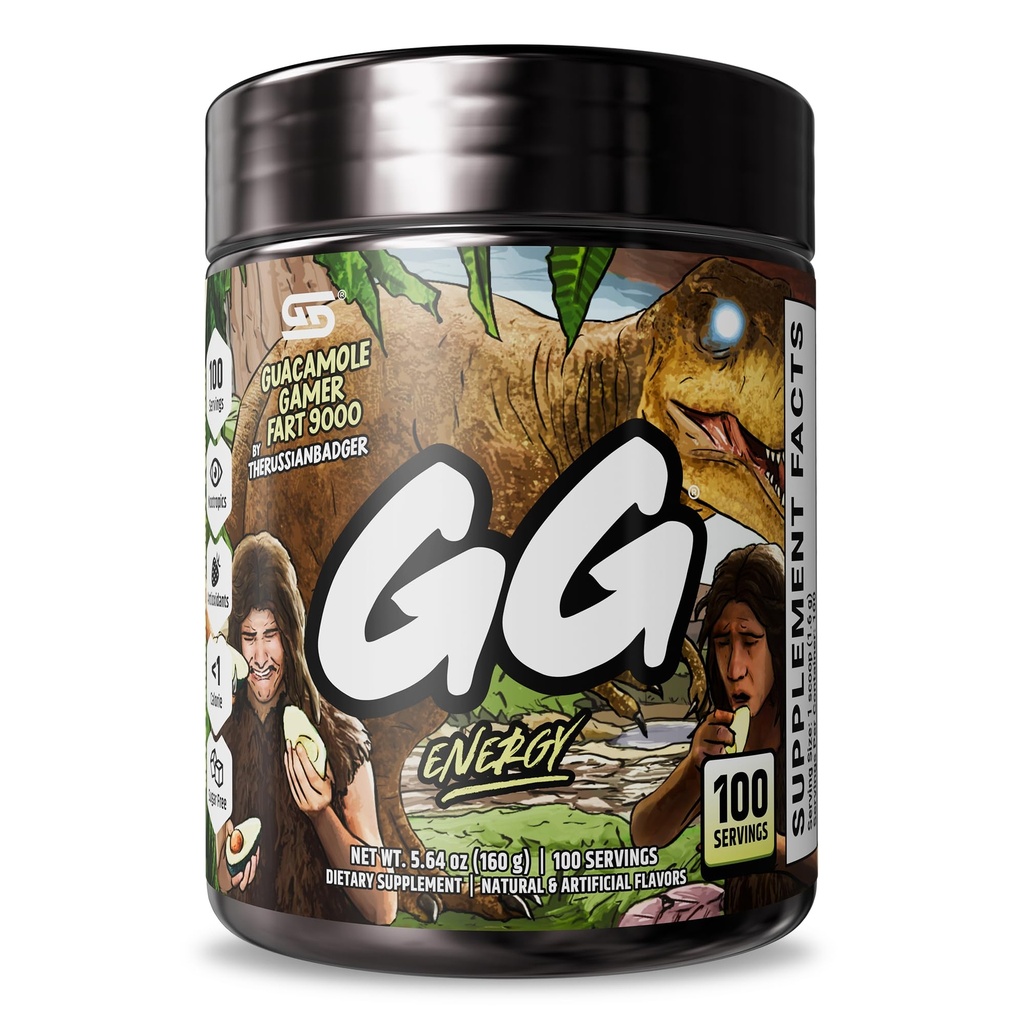 Gamer Supps GG® Energy - Guacamole Gamer Peido 9000 por TheRussianBadger (100 Servings) - Keto Friendly Gaming Energia e mistura nootrópica, Açúcar grátis + Cafeína orgânica + Vitaminas, Bebida em pó