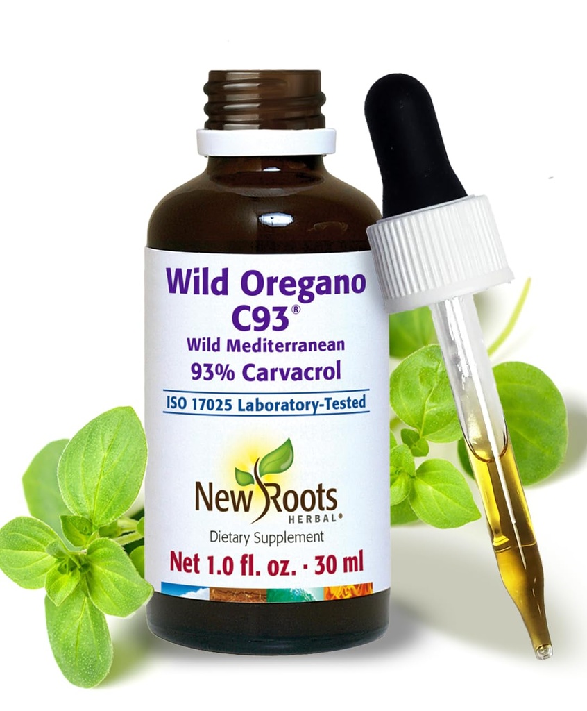 Novas raizes de óleo de orégano selvagem gotas com 93% Carvacrol (1 fl oz) Óleo orgânico de extrato de orégano (547 Servings)