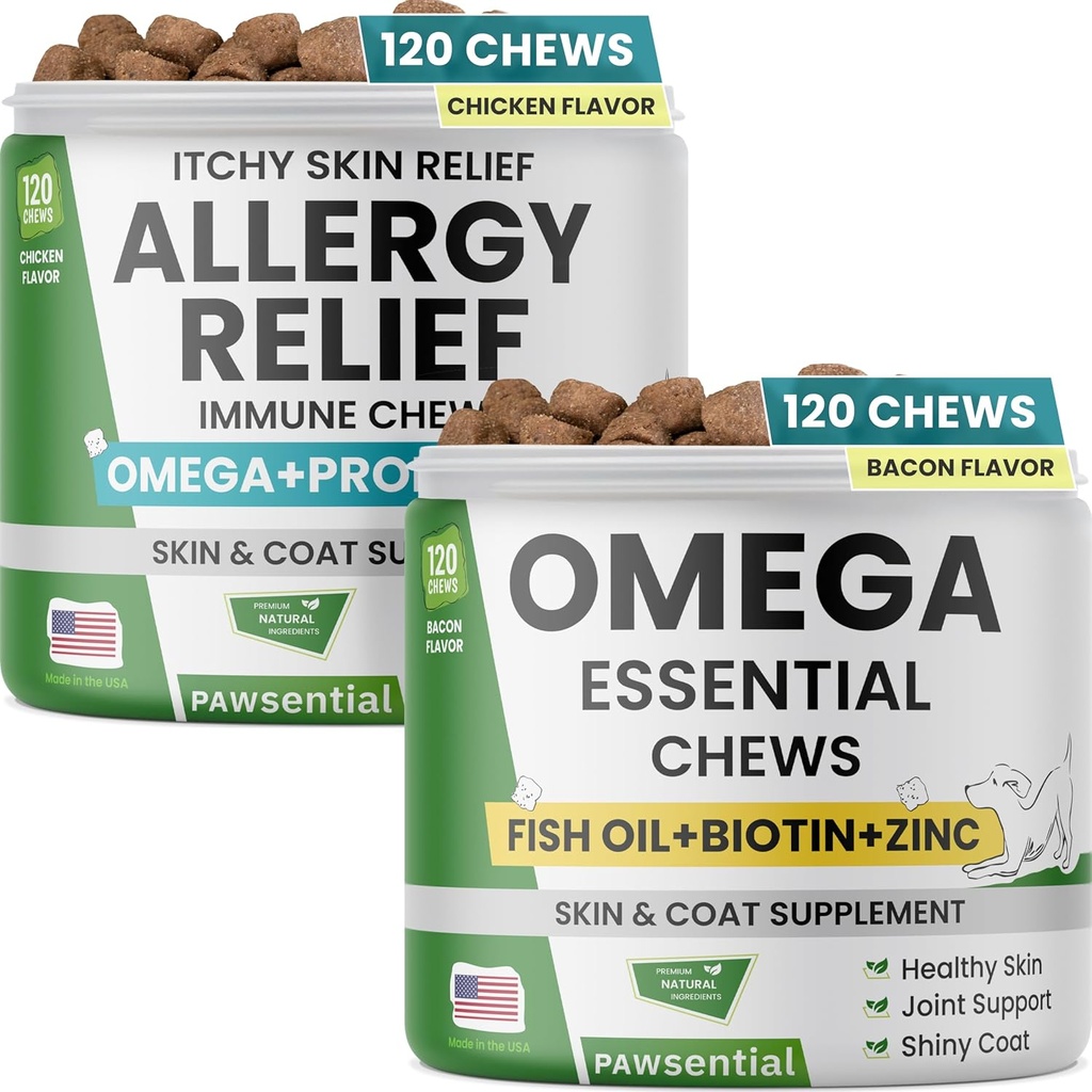 Mastigação de cão de alívio de alergia + óleo de peixe Ômega - alívio da pele comichão w / Probióticos + Omega 3 + Colostrum, pele de Ômega & revestimento Suplemento Mastiga