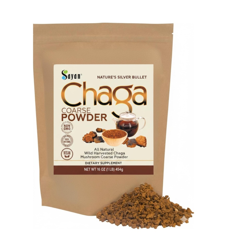 Sayan Siberiano Puro Coarse Chaga Pó 1lb / 454g – Premium Floresta Selvagem Colhida Super Antioxidante Chá – Suporta Sistema Imune e Saúde Digestiva – Foco, Energia, Claridade, Bem-Estar - Não-GMO