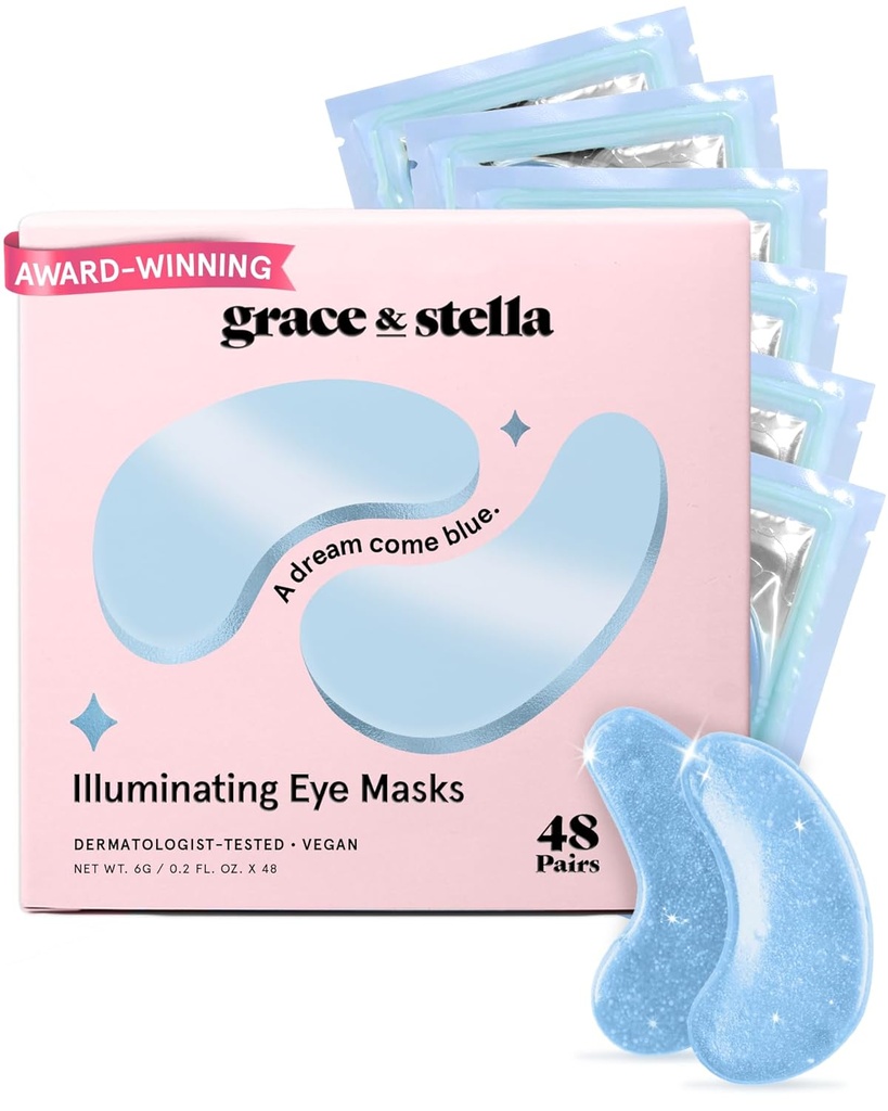graça & Stella Prêmio Ganhar Sob Máscara Olho Reduzir Círculos Negros, Olhos Puffy, Sacos Undereye, Rugas, Gel Sob Patches Olhos, Presentes de aniversário para mulheres - Vegan Cruelty-Free Self Care (48 pares, Azul)