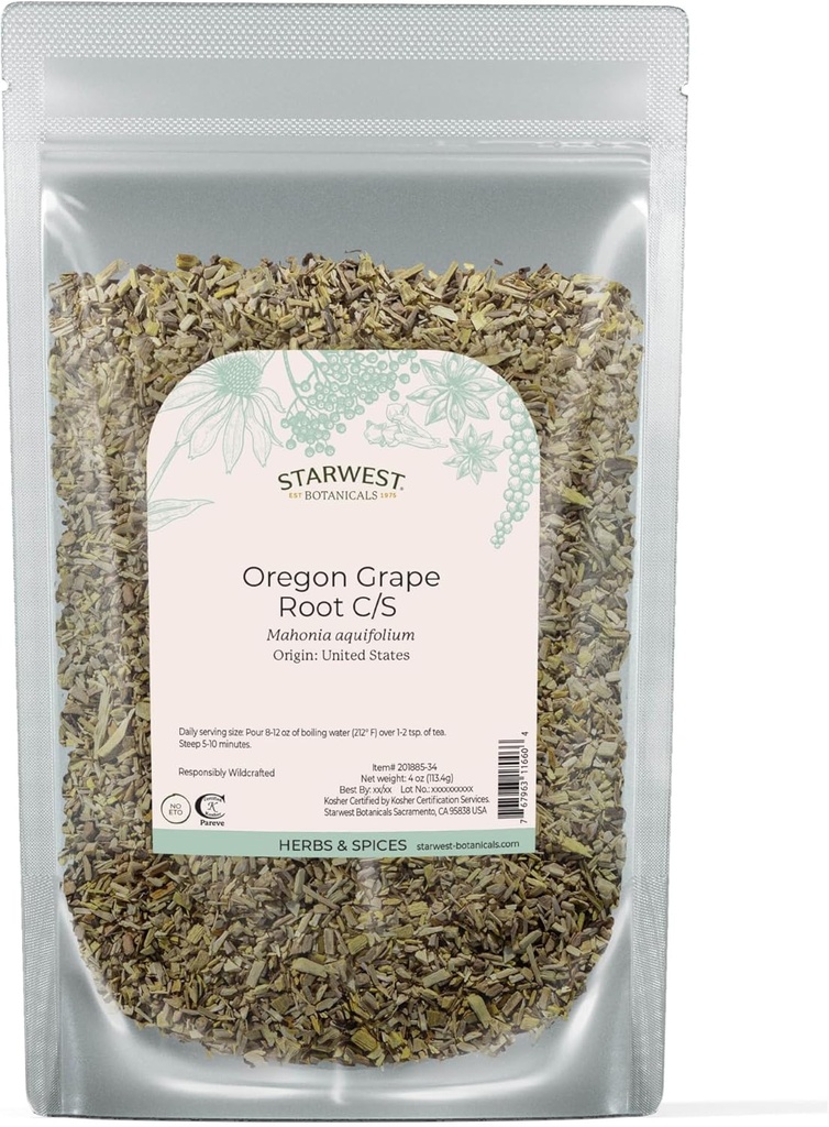 Starwest Botanicals Oregon Grape Root Wildcrafted - Erva solta seca para chá, tinturas, cápsulas, & salvas, bem-estar natural para mulheres e homens, corte & peneirado, Kosher certificado, Não-GMO - 4 oz Pouch