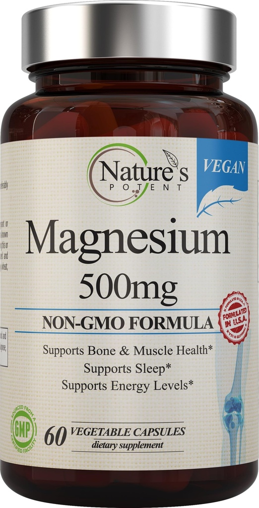 Potente Magnésio da natureza Suplementos de Magnésio & Magnésio Citrato de Magnésio 500mg Suplemento de Magnésio Vegano para Mulheres e Homens EUA Made Magnésio para Apoio ao Sono - 60 Cápsulas Veggie