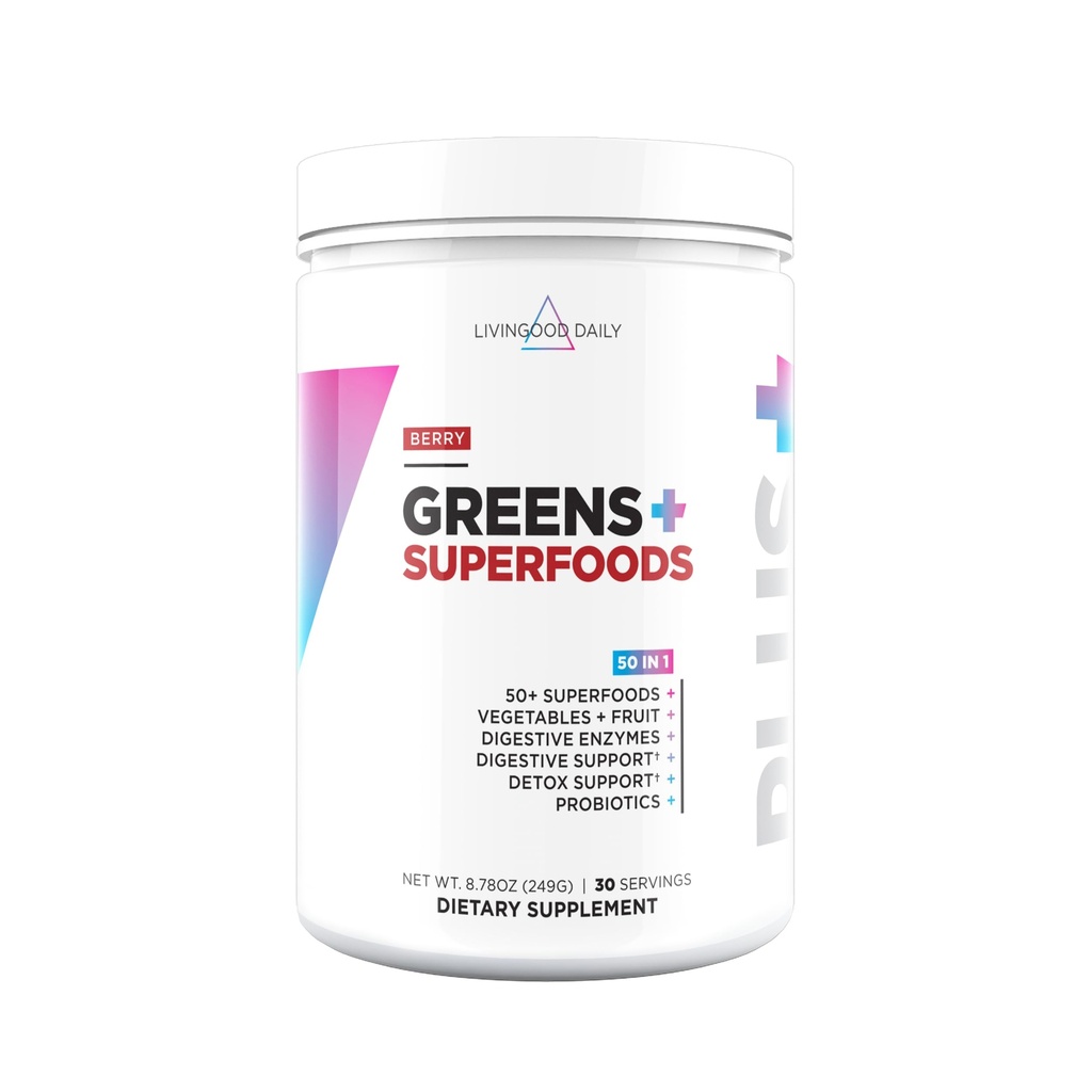 Livingood Verdes diários & Superfood Pó, Super Verdes para Gut Saúde, Verde Juice Pó com espirulina, chlorela, e Enzimas Digestivas, Probióticos para Suporte Digestivo, Berry, 30 Servings