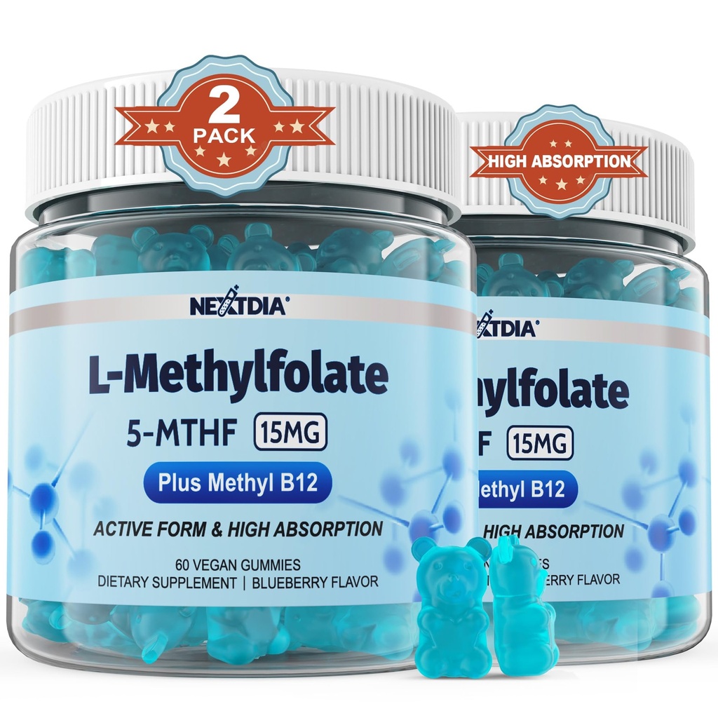 L-MetilFolato 15mg & Metil B12 Gummies, Metilado B1, B2, B6 Multivitamins - Active 5-MTHF & alta absorção - Suporta o gene MTHFR, Cognição, Níveis de Homocisteína, Metabolismo de Folato, Vegan, 120 Cts