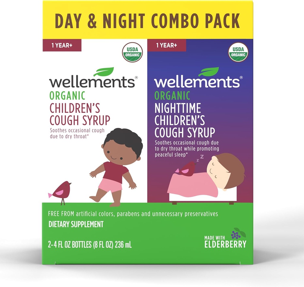 Wellements Organic Day & Nighttime Children's Cough Combo Syrup (Sarup da tosse das crianças) Aliviando Daytime & Nighttime Cough Relief USDA Organic (Pacote de valor) (2) 4 Fl Oz. Garrafas, 1 Ano+
