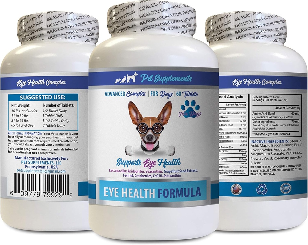 Cuidados Oculares para Cães - Dogs Eye Health Formula - Advanced Eye Support Complex - VETS Recomendado, Dog Cranberry, Eye Vision Supplement for Dogs, Supplement for Eye Care, Eye Support Vitaminas 1Bot 60Tabs