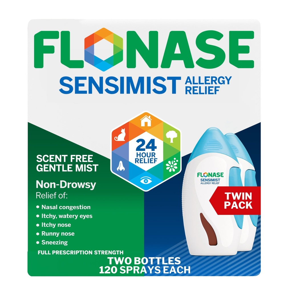 Fluonase Sensimist Alergia Alívio Pulverizador nasal para Não-Drowsy, Multi-Symptom de 24 horas Alergia Alívio – 120 Sprays (Pacote de 2)