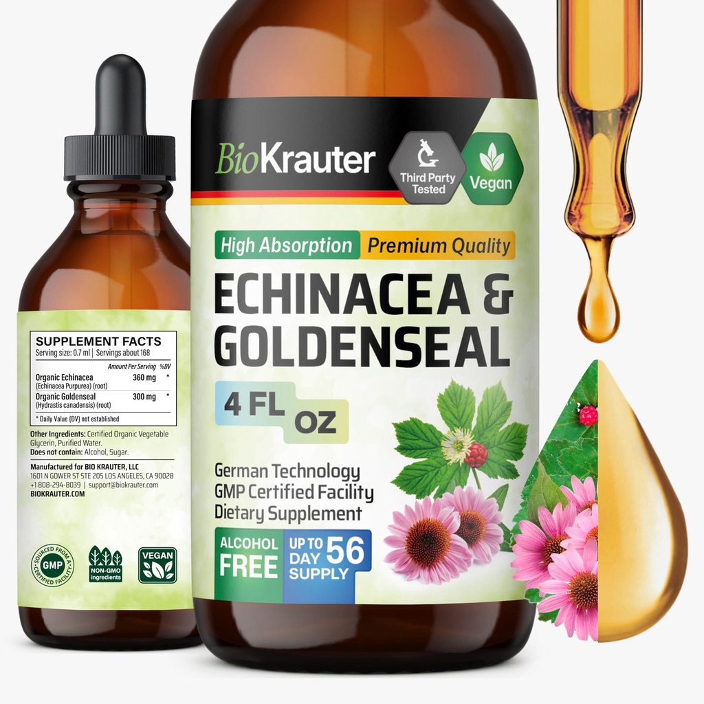 BIO KRAUTER Echinacea e Goldenseal Root Extract Líquido - Suporte Imune Natural - Echinacea Drops com Goldenseal - Vegan, Alcohol & Sugar Free Tintura - 4 Fl.Oz.