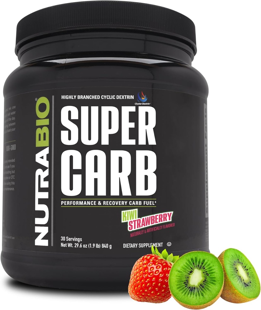 NutraBio Super Carb, Pó carboidratado com cluster Dextrina e Eletrolitos, Pó de Suplemento de Carbo avançado para combustível de treino, desempenho e recuperação muscular, Dextrina cíclica, morango Kiwi, 30 Sv