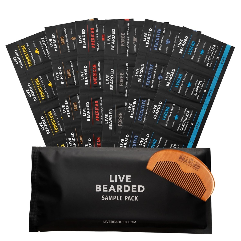 Kit de amostra de Barba Barba ao Vivo e Butter Grooming com Comb, presente de bônus - All-Natural Ingredients Shea, Argan, Jojoba - Apoio ao Crescimento - Made in the USA