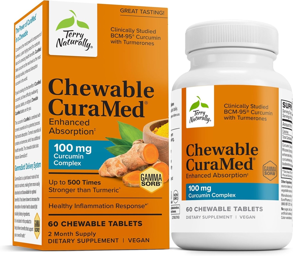 Terry Naturalmente CuraMed 100 mg complexo de curcumina - Absorção aumentada Suplemento de curcumina com açafrão - Cérebro & Fígado Suplemento de apoio à saúde - Vegan Suplemento dietético - 60 Comprimidos mastigáveis