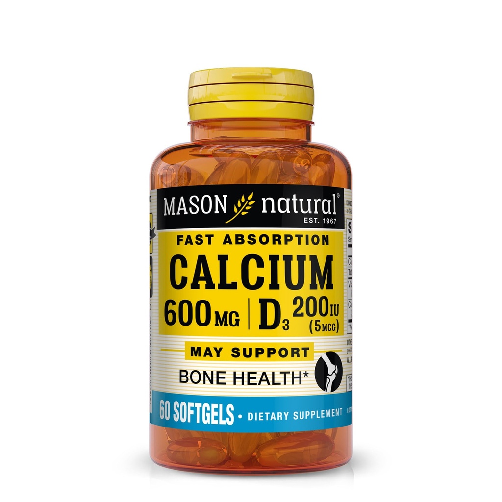 MASON NATURAL rápida absorção de cálcio com vitamina D3 - Fortalece a função muscular, apoia os ossos saudáveis e saúde geral, 60 Softgels