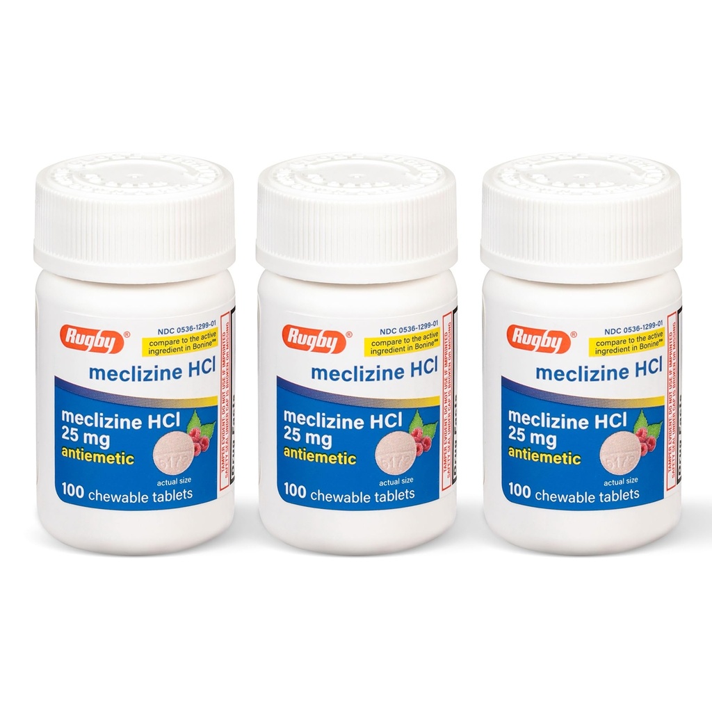Tablets Mastigáveis de Rugby Meclizine 25mg - Medicina Anti-Náusea Ajuda com Doença de Movimento - 100 Count (3 Pack)