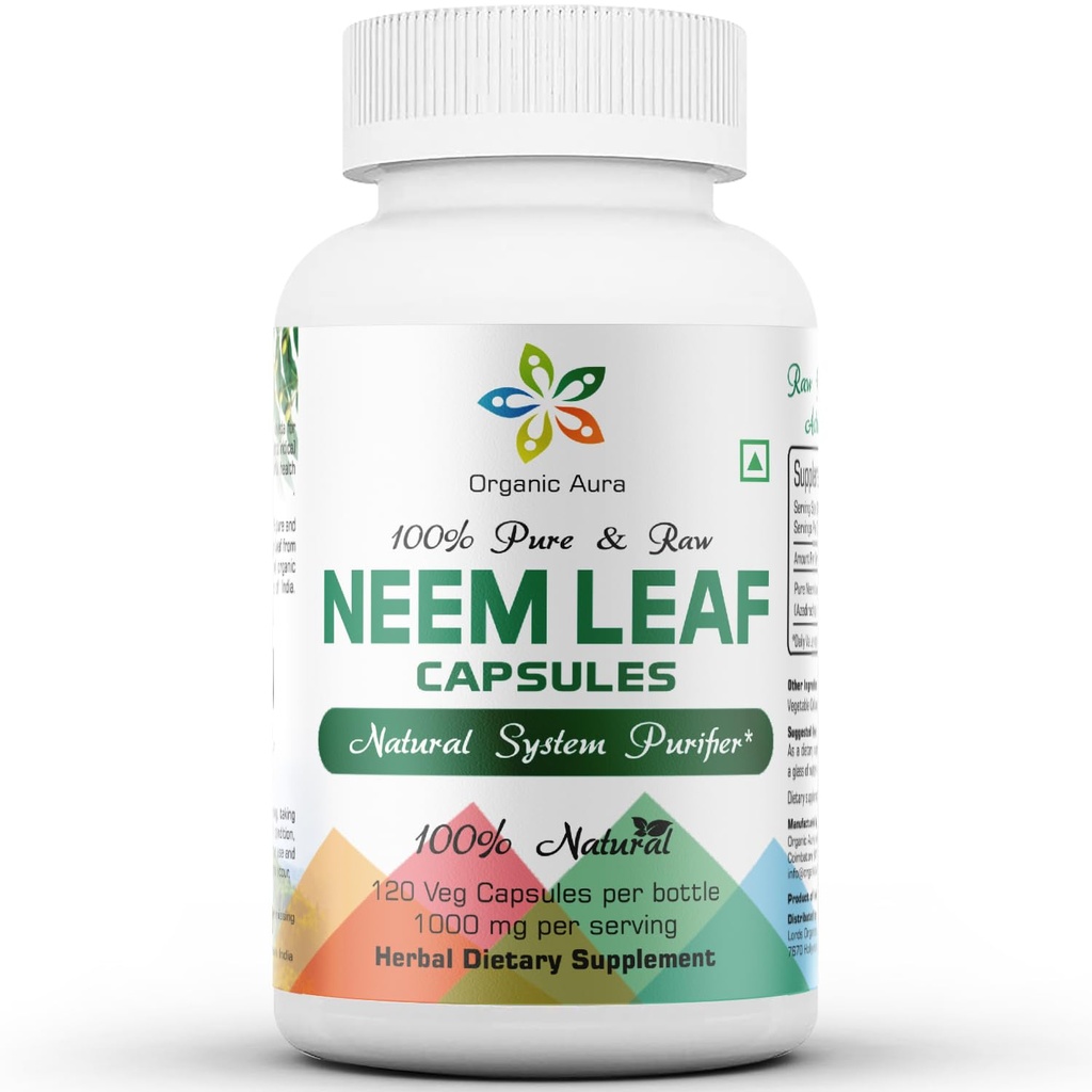 Cápsulas Orgânicas Aura Neem. 100% puro e potente. Super-alimento verde cru. Feito com folhas inteiras do Neem do espectro. Agente Desintoxicante Milagre, Pele Radiante e Imunidade.
