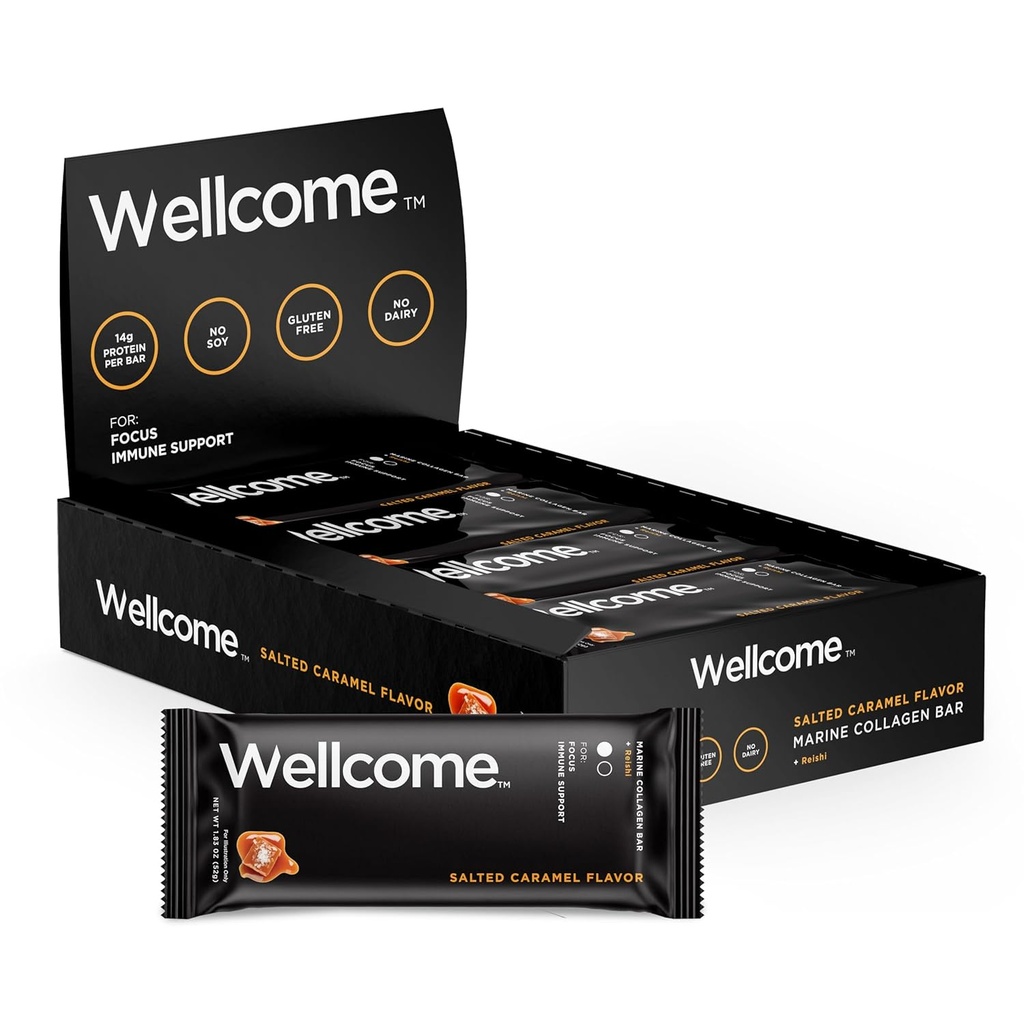 Bar de Proteína de Colágeno Marinho de Caramel Salgado com Cogumelo Reishi para Energia e Apoio Imune - Snack Bar Adaptogenic - Dairy Free Health Bar para Estilo de Vida Activo Funcional (Pack de 12)