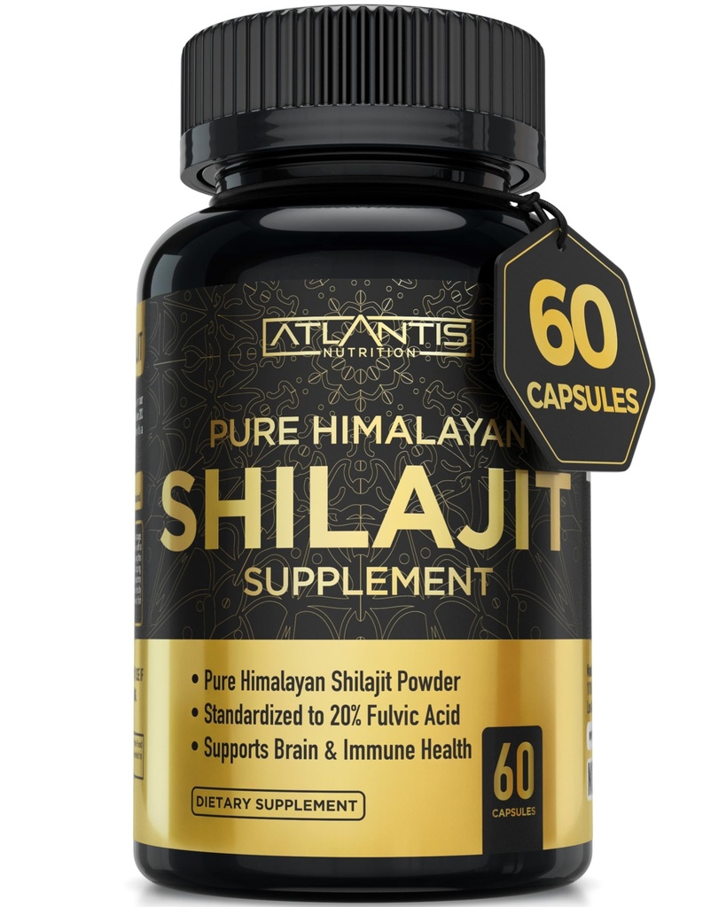Atlantis Nutrition Himalayan Shilajit Cápsulas Formulado com 20% de ácido fulvico 10:1 Extracto Fornecendo 10.000mg D.H.E. EUA Made