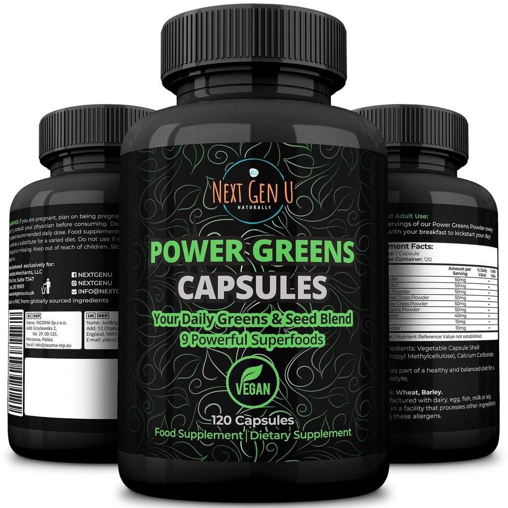Super Verdes - Suporte do Sistema Imune - 500 mg 120 Cápsulas Vegan - Superalimentos para Booster Diário - Mistura Keto saudável com Acai, Wheatgrass, Guaraná, Chlorela, Sementes de linho, Matcha, Maca - por NextGenU