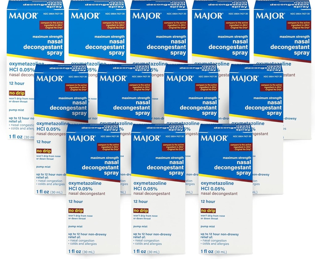 MAJOR Spray de descongestionante nasal de força máxima, HCl de oximetazolina 0,05% Névoa da bomba, Spray nasal não-drowsy, até 12 horas de alívio de congestão nasal, resfriados e alergias 1 Fl. Oz. (12-Pack)
