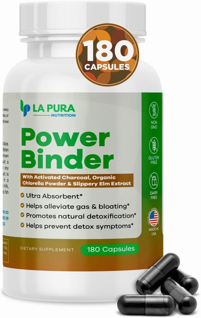 LaPura Power Binder Blend – Detox & Cleanse com carvão ativado, chlorela orgânica em pó & Slippery Elm Extract – Ajuda a aliviar o gás e o inchaço – Promove a desintoxicação natural - 180 Cápsulas