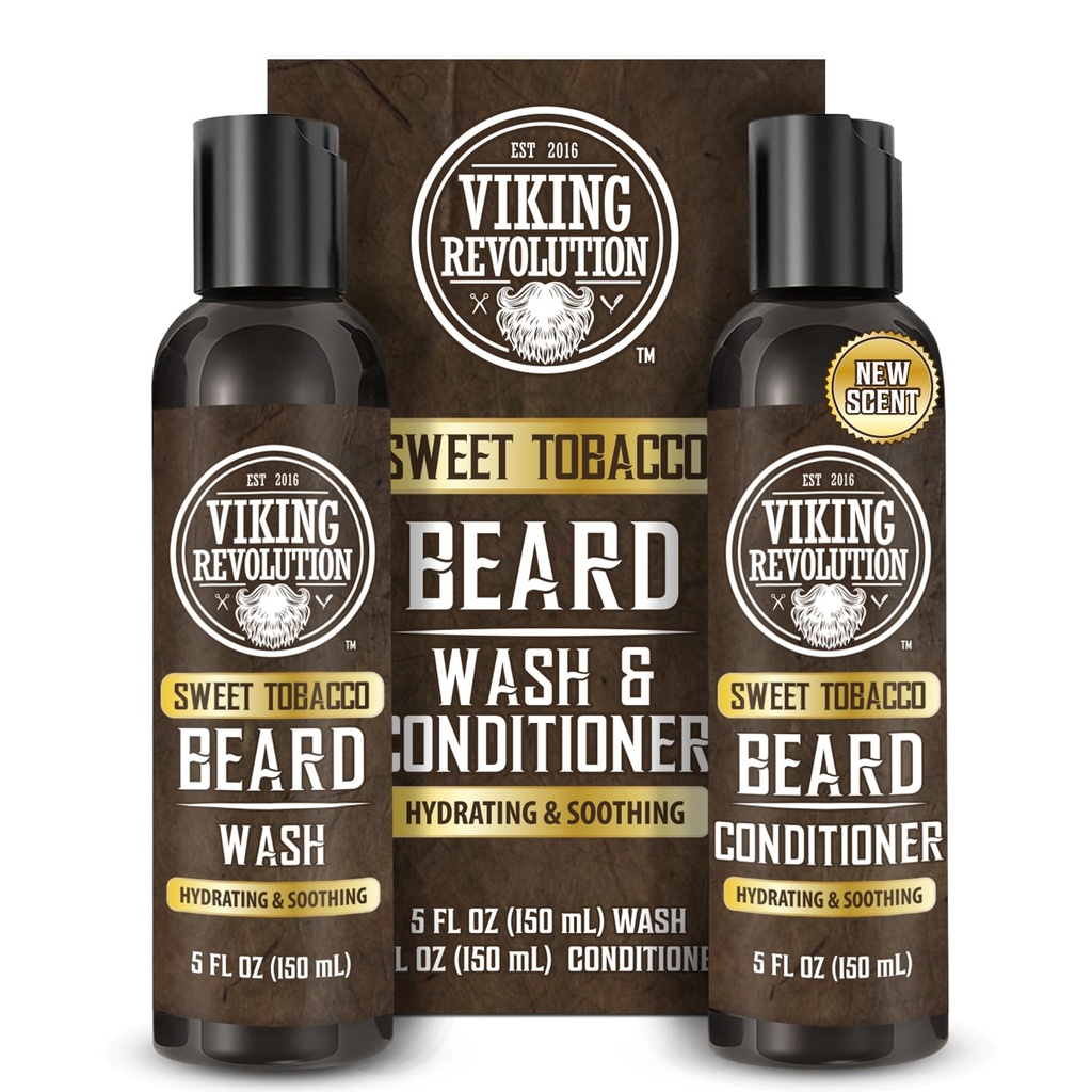 Viking Revolution Beard Wash and Beard Conditioner para homens com óleo de Argan e óleo de Jojoba - Beard Softener and Fortalecer Beard Care Shampoo and Conditioner with Beard Oil (5 onças, doce tabaco)