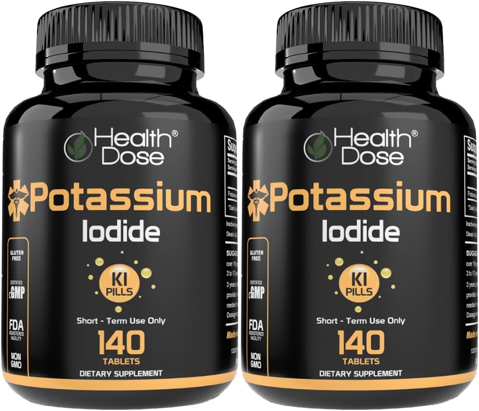 Potássio de dose de saúde + Iodeto (KI) Comprimidos – 130mg 140 Comprimidos – para suporte de tiroide, metabolismo celular e equilíbrio eletrolítico – Não-GMO, Gluten-Free, GMP Certified, Pack de 2