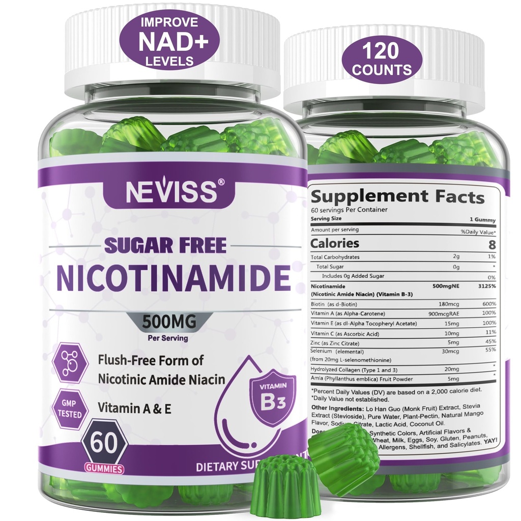 Açúcar Free Nicotinamida 500mg Gummies, (Niacina livre Flush) Suplemento de vitamina B3 Niacinamida para metabolismo e reparo de energia celular, Vitalidade, Envelhecimento saudável, sabor de cranberry, Fácil de mastigar, 120 Cts