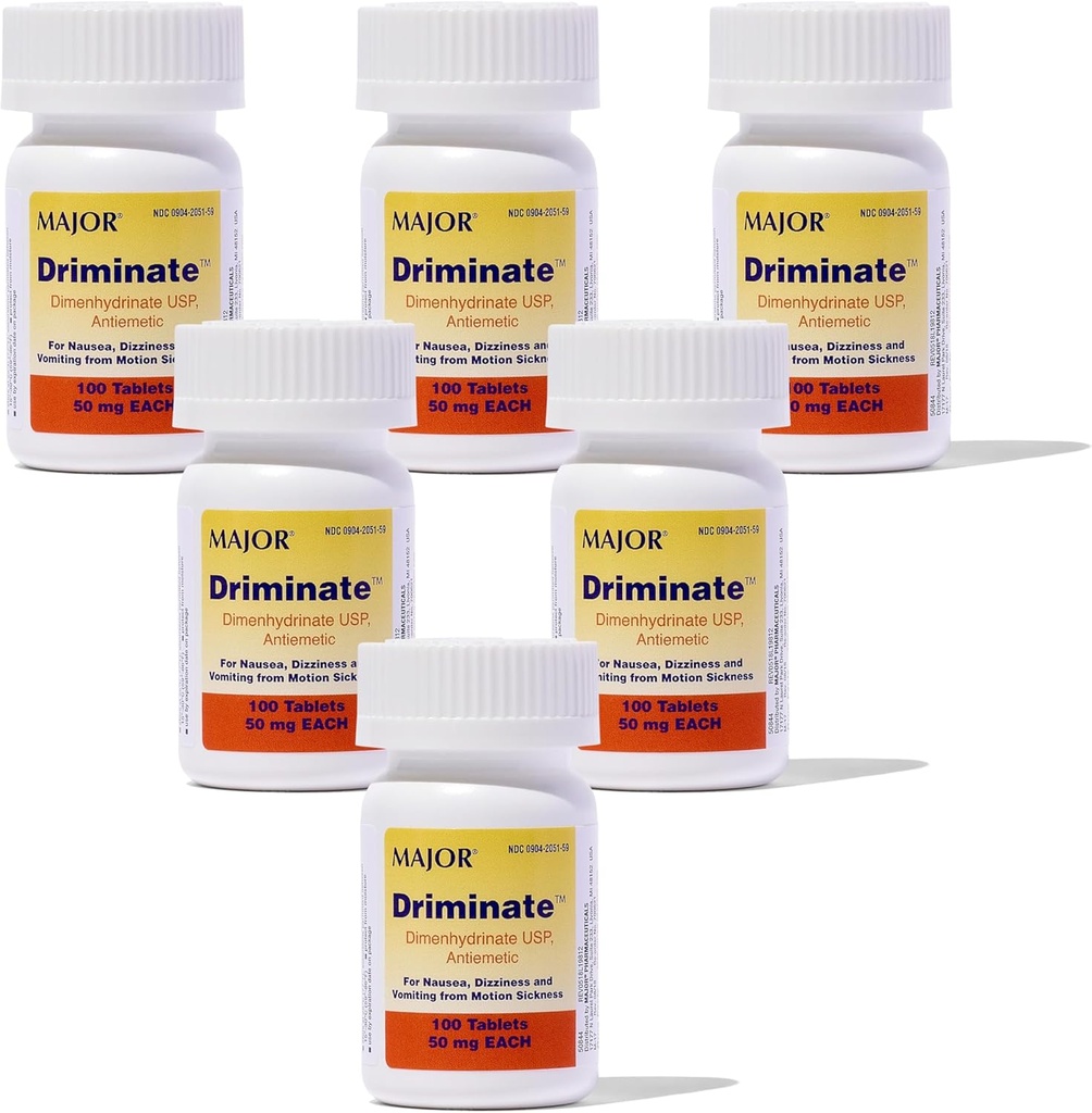 MAJOR Driminate - Dimenidrinato 50mg Tablets de Doença de Movimento - Medicina Anti-Náusea - 100 Tablets (6 Pack)