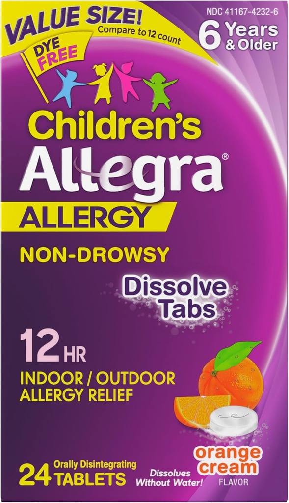 Allegra Crianças 12 horas de Alergia Alívio Oral Dissolvendo Comprimidos, Medicina de Alergia Interior e Exterior, 30 mg de Fexofenadina HCI Anti-histamínico para Crianças, Orange Cream Flavor, 24-conta