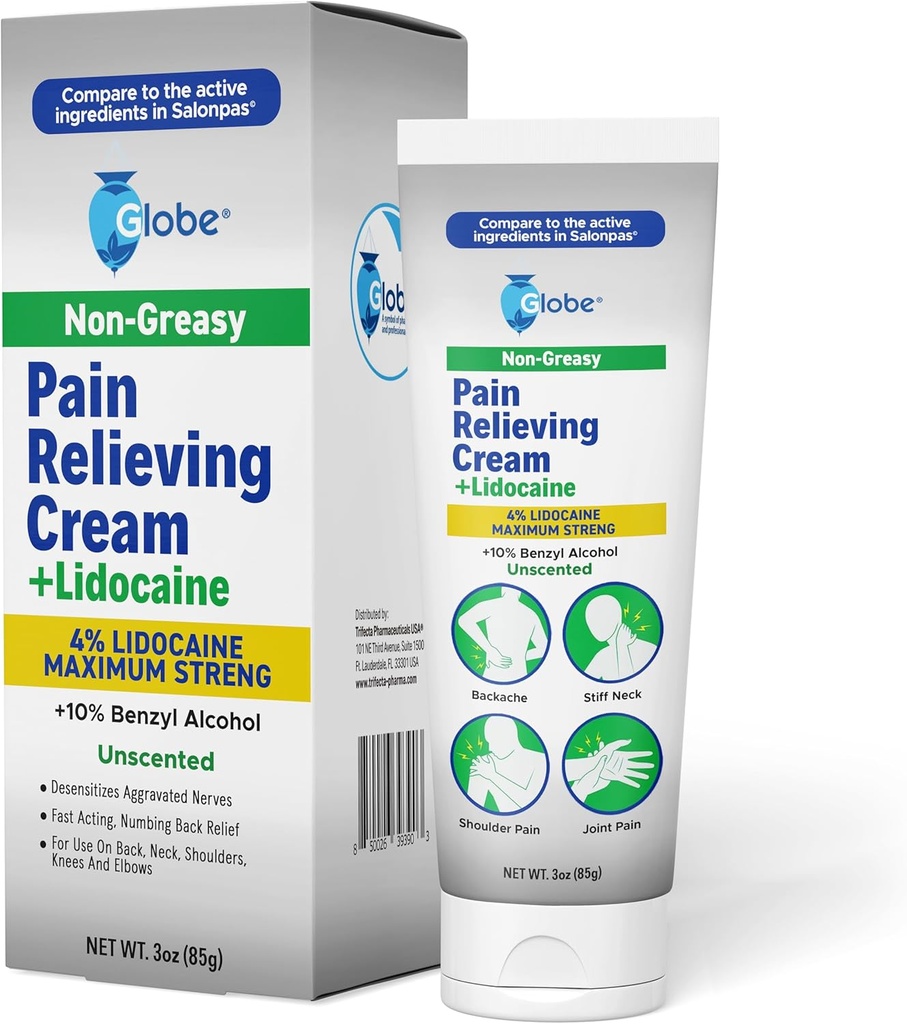 Globe Pain Aliviating Cream Plus 4% Lidocaína, Alivio de Numbing de força máxima, Terapia tópica de ação rápida para dores musculares, dor articular, dor nas costas, dor no pescoço, dor, dor, Sprains & Spasms, sem cheiro, 3 onças