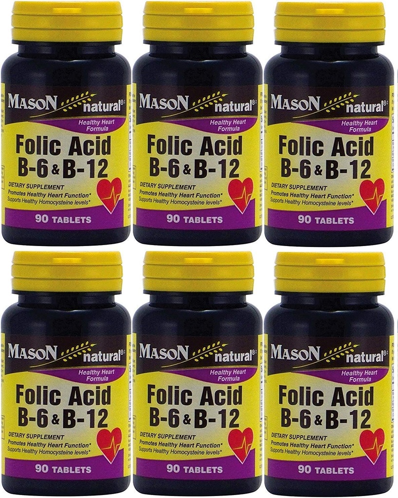Mason Vitaminas Ácido Fólico B-6 & B12 Fórmula 90 Comprimidos por embalagem de 6 Total 540 Comprimidos
